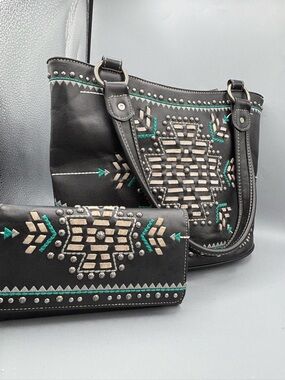 Black Studded Southwestern Tote and Wallet Set